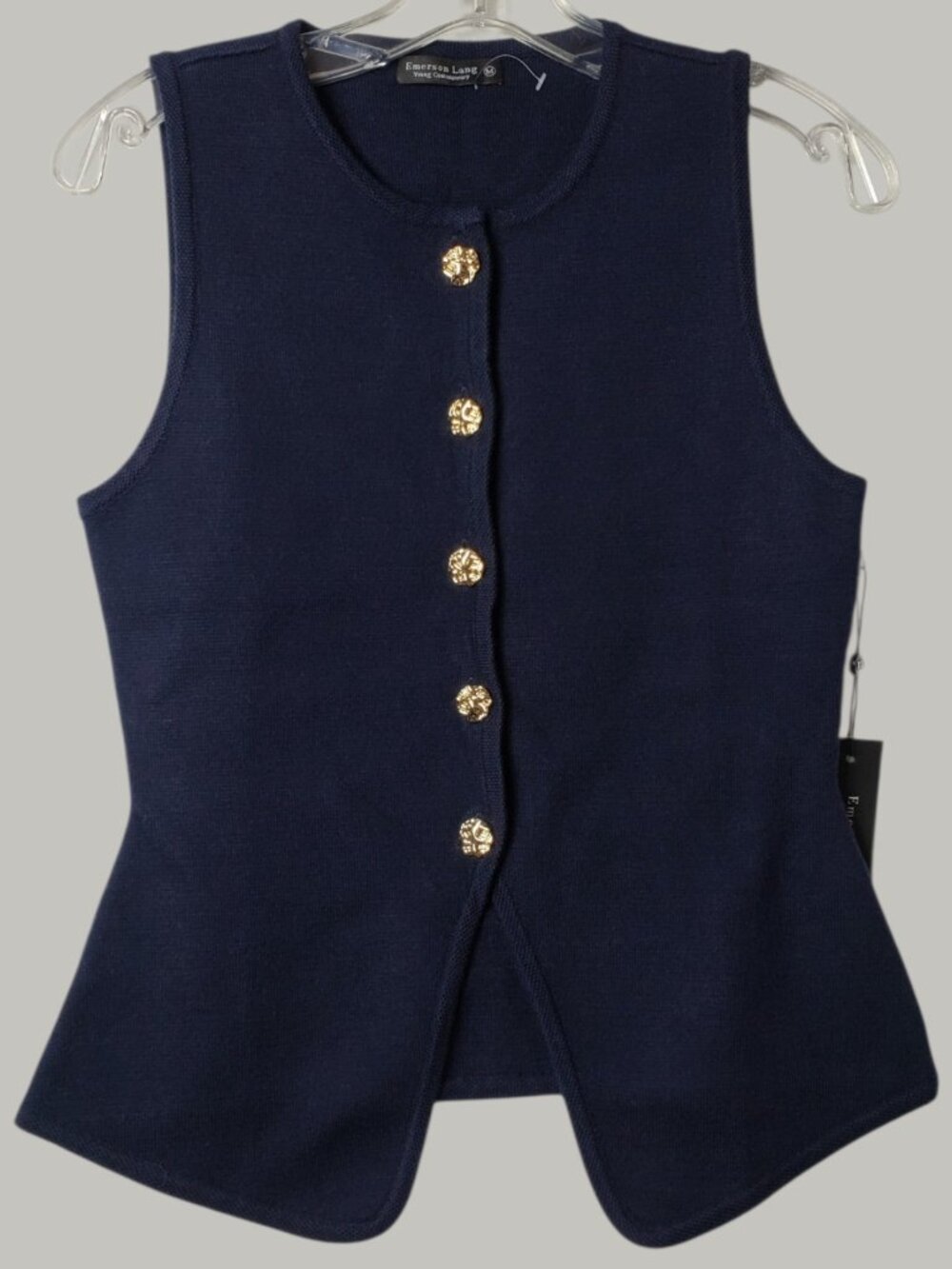 Emerson Lang Sleeveless Sweater Vest W/Gold Button Front Navy Blue& Gold Medium - Picture 2 of 10